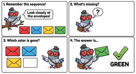 Fototapeta premium Working memory concept for cognitive development and education visuals Color Sequence Memory Puzzle with Cartoon Pigeon Postman Brain training and mental processing concepts for psychology content