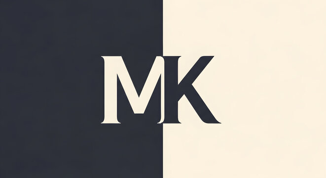 Minimalist monogram logo with letters M and K on a split black and white background