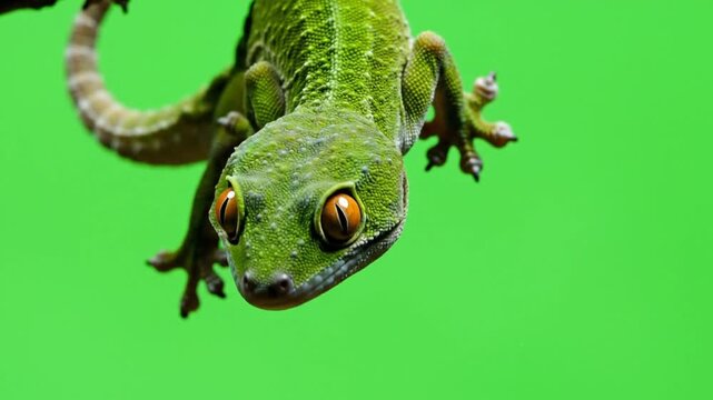 A close-up shot of a vibrant green gecko with striking orange eyes, hanging upside down against a bright green background.