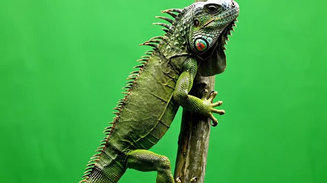 A vibrant green iguana with a spiky crest perches on a brown branch against a bright green background, showcasing its detailed scales and powerful limbs.