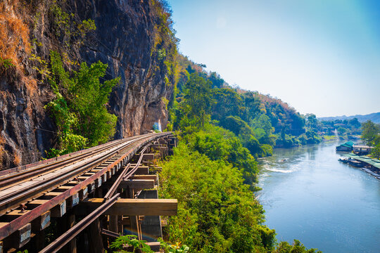 The Death Railway crossing kwai river with Krasae Cave in Kanchanaburi Thailand. Important landmark and destination to visiting and world war II history builted