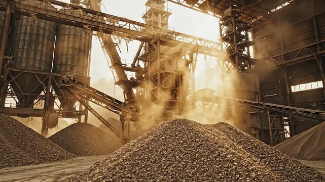 Industrial plant machinery processes raw materials under dusty conditions