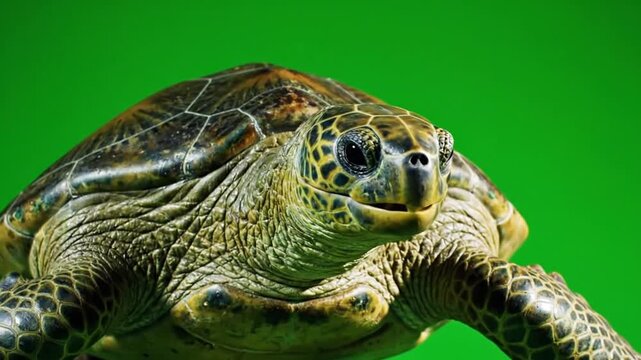 A close-up shot of a majestic sea turtle with a patterned shell and gentle eyes, set against a vibrant green background.