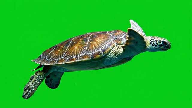 A majestic sea turtle gracefully glides through the water, showcasing its intricate shell and powerful flippers against a vibrant green background.