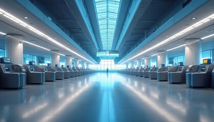 Fototapeta premium Modern airport terminal interior with rows of empty check in counters. Digital displays show flight information. Large windows provide natural light. Clean and spacious hall.