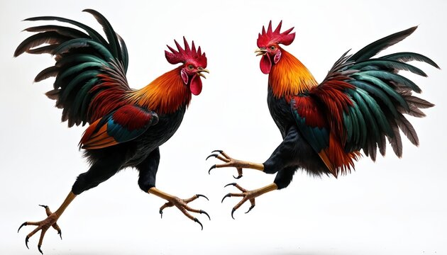 Two roosters fight mid air with dynamic motion. Birds show bright vibrant feathers in aggressive pose. They have sharp claws raised for combat against white background.