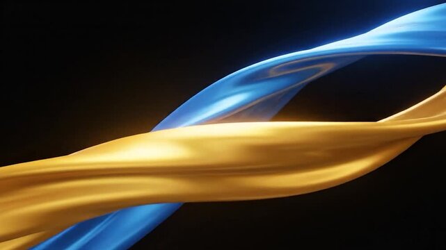 Dynamic blue and gold fabric ribbons intertwine gracefully against a dark