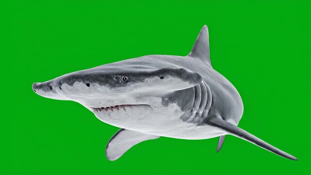 A detailed, high-resolution render of a hammerhead shark swimming, isolated against a vibrant green screen background, showcasing its distinctive head shape and powerful body.