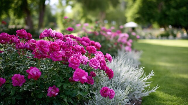 Beautiful pink roses flourish in a summer park landscape featuring green grass and silver plants under natural sunlight