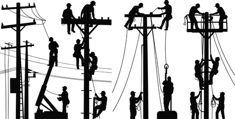 Black Silhouette Collection of Electric Linemen Working on Power Lines, Utility Pole Repair Workers, High Voltage Maintenance Service Vector Illustration,