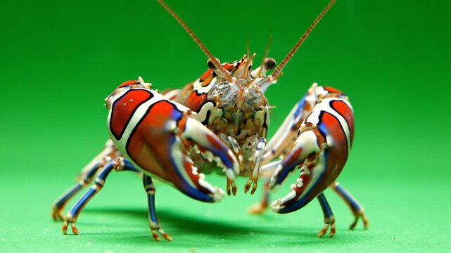 A vibrant, colorful crayfish with red, white, and blue markings on its claws and body, standing against a bright green background.