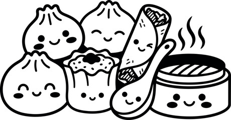 Cute kawaii line art vector dim sum characters smiling close up bao dumpling siu mai spring roll spoon happy steam