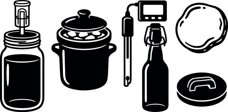 Flat design line art close up fermentation kit jar with airlock thermometer flip top bottle dough ball and pot lid