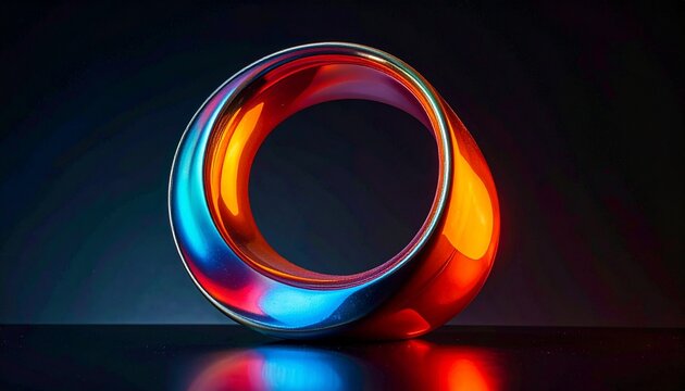 Abstract 3D render of a Mobius strip with gradient red and blue light reflections, smooth polished