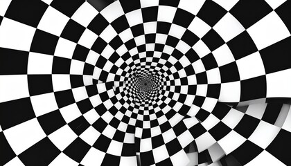Naklejka premium Abstract Black and White Checkerboard Vortex Tunnel Effect with Geometric Swirl Pattern