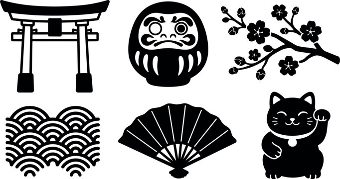 Flat design japanese cultural icon set torii gate daruma blossom wave fan and maneki neko minimal black silhouette vector icons