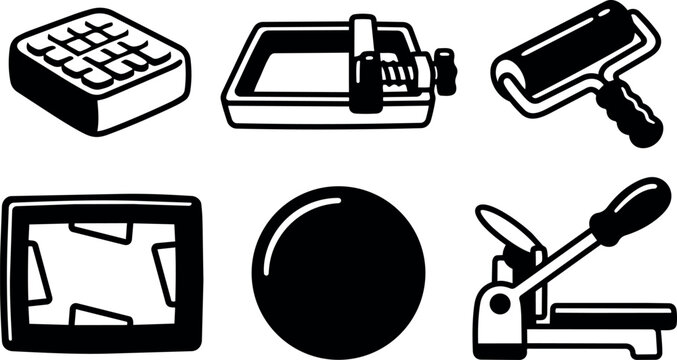 Flat vector line art six black and white printmaking tools icons showing brayer roller baren carving block tabletop press closeup