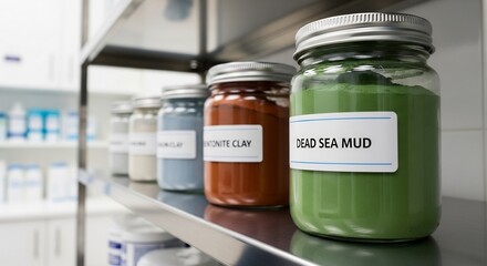 Various Jars of Natural Mud and Clay Products Labeled and Stored on a Shelf.