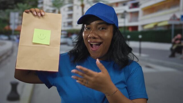 Woman wearing blue cap and smiling face holding brown paper bag with pointing hand on street; delivery joy.