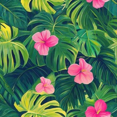 Fototapeta premium A vibrant pattern of tropical monstera and philodendron leaves, accented with exotic pink flowers 