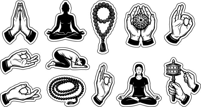 Buddhist meditation and spiritual icons set with yoga mudras vector illustration