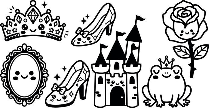 Kawaii line art close up crown and glass slipper with smiling frog prince and rose beside ornate mirror and castle