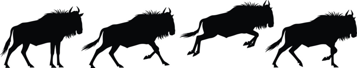 Four wildebeest silhouettes in different running positions black white background © Mokarrm Art