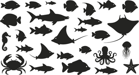 Black silhouettes of various sea creatures on white background ocean animals fish © Mokarrm Art