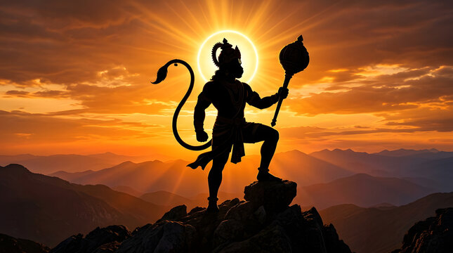 Powerful silhouette of lord hanuman with a gada, celebrating jayanti against a majestic golden sunset over mountains.