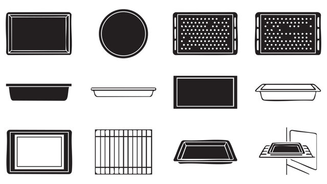 Set of black silhouette baking tray and oven pan icon logo isolated on white background. for food cooking kitchen design concept. vector illustration.