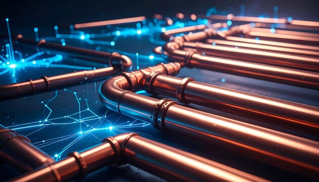 A futuristic network of interconnected copper pipes with blue lights