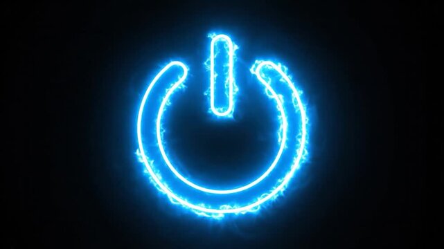 Glowing blue power button symbol on a dark black background
