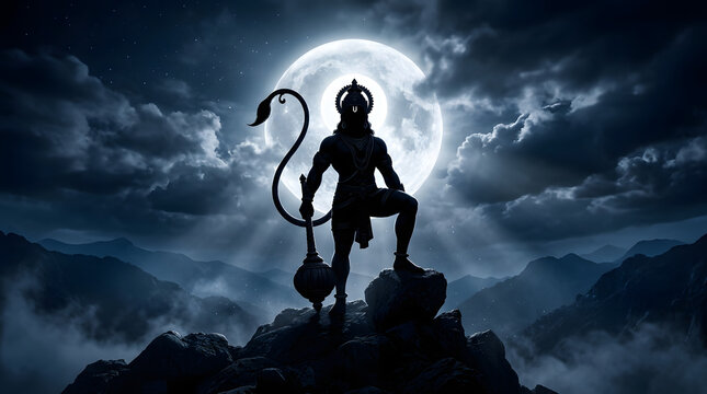 Vibrant silhouette of lord hanuman leaping with his gada against a golden sunset over mountains, celebrating hanuman jayanti.