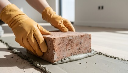 Woman wearing work gloves carefully placing a brick on mortar during a home renovation concept for construction and repair projects