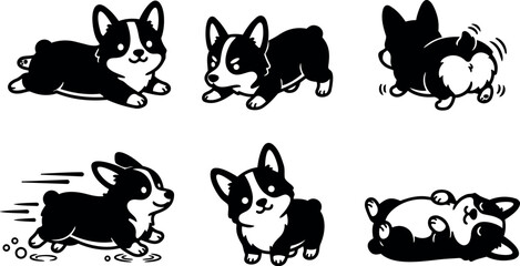 Fototapeta premium Flat vector corgi puppy running and wagging tail with smiling face close up in playful low angle six pose collection