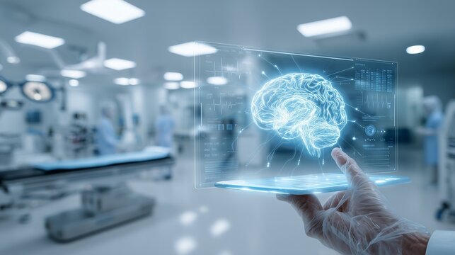 Close Up of Surgeon in Gloves Using Transparent Tablet with Glowing Brain Hologram for Advanced Medical AI Analysis