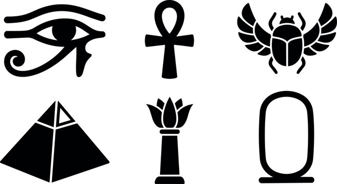 Flat design set of ancient egypt symbols eye of ra ankh scarab pyramid lotus cartouche in black silhouette vector icons