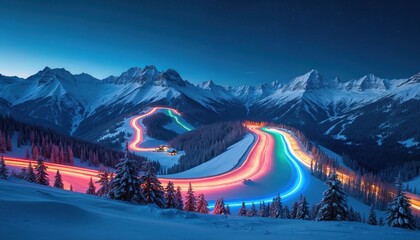 Fototapeta premium Illuminated ski slopes wind down snowy mountains under starry sky. Rainbow colored light trails create magical winter wonderland scene. Mountain resort offers night skiing adventure.