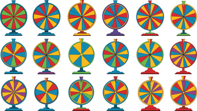 Colorful Prize Spinner Wheel Collection for Carnival Game Show Lucky Draw Contest Casino Promotion and Random Selection Vector Illustration.