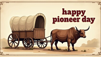 Fototapeta premium Vintage ox-drawn covered wagon illustration for Pioneer Day celebration. Western style artwork depicts bull and wagon in rustic landscape. Retro transport theme for historical event.