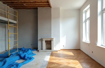 Naklejka premium Interior room mid renovation. Scaffolding, blue tarps cover half space. Old fireplace structure stands ready for repair. New wood floor contrasts with unfinished side. Bright windows let in sunlight.