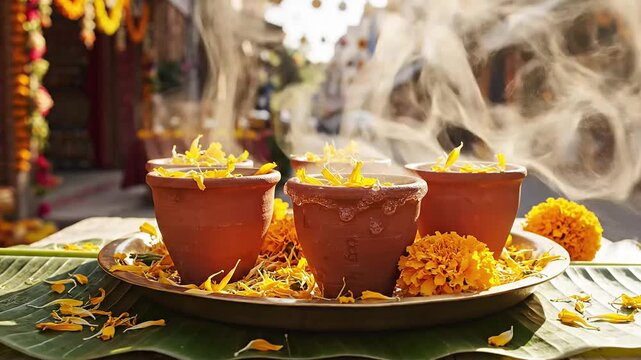 Steaming traditional festive indian sweet or beverage served in terracotta cups adorned with marigold petals for gudi padwa celebration.