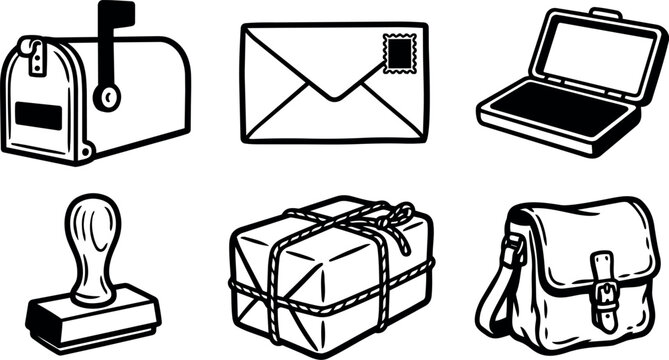 Line art close up postal icon set showing mailbox envelope rubber stamp tied parcel and messenger satchel in flat bold vector style