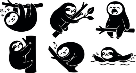 Fototapeta premium Flat design playful sloth icons showing six poses including sleeping climbing yawning hugging branch swimming black vector silhouettes cute minimalist