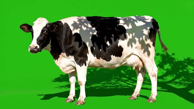 A black and white Holstein cow stands against a bright green background with tree shadows.