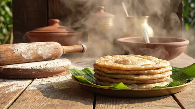 Steaming hot puran poli flatbreads stacked on a banana leaf, presented with traditional indian earthenware on a rustic wooden table for festive celebrations.
