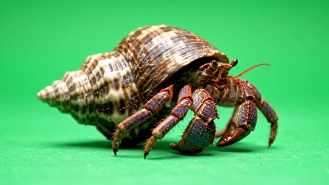A close-up shot of a hermit crab with a patterned shell walking on a vibrant green background.