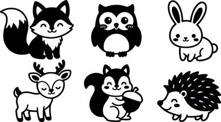 Fototapeta premium Flat design cute forest animal icon set fox owl rabbit deer squirrel hedgehog smiling sitting holding acorn black and white