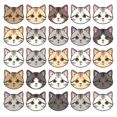 Obraz premium A collection of cartoon cat faces in various colors and patterns on a white background