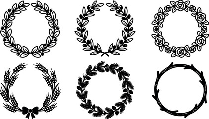 Fototapeta premium Line art six round laurel and floral wreaths vector set with bow rose olive branch pine twig close up silhouettes
